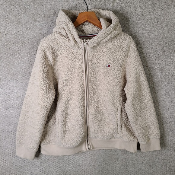 Tommy Hilfiger Jacket Womens XL Beige Faux Fur Sherpa Cozy Full Zip Hooded - Picture 1 of 10